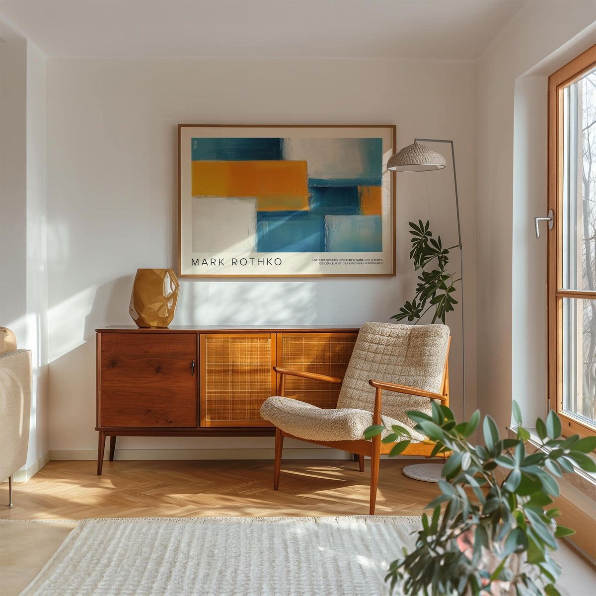 Wide Wall Art with orange and blue abstract geometric blocks above a mid century sideboard in a living room