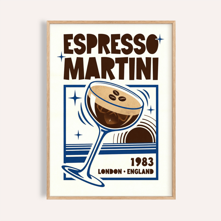 Framed print close-up of espresso martini print in retro style with dark brown and blue colours