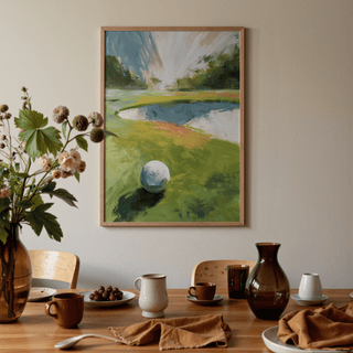 Golf Landscape wall art of a golf ball near water in green and blue tones above a dining table