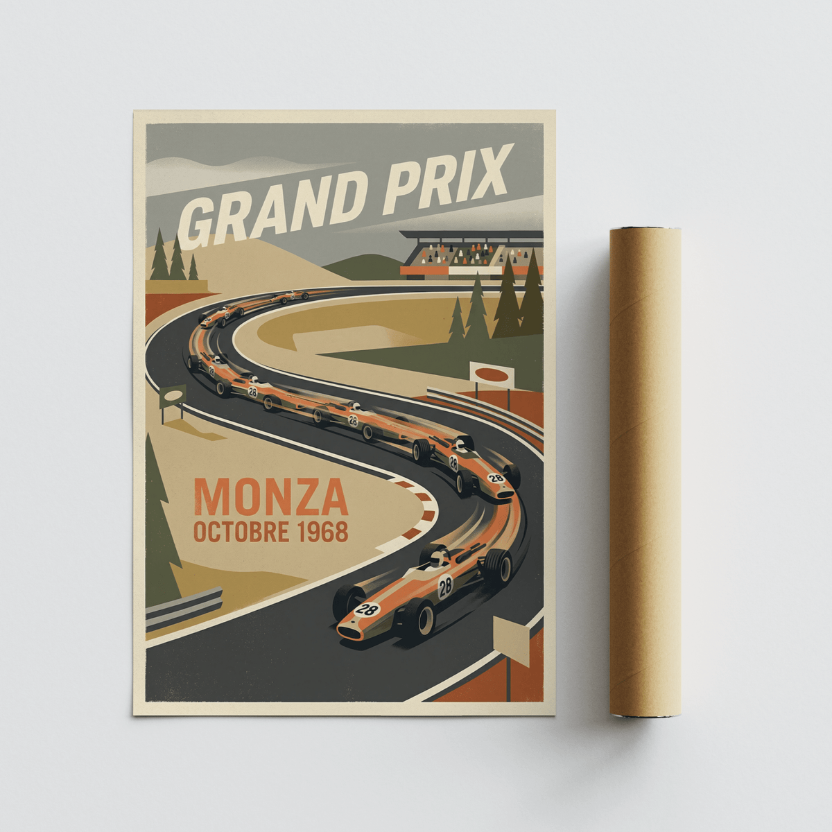Monza Grand Prix art print laid flat beside a brown packaging tube with a minimalist retro racing car design