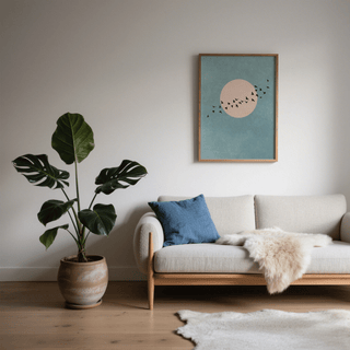Wall Art Birds minimalist artwork with a pink circle and black birds above a sofa with a blue cushion and plant