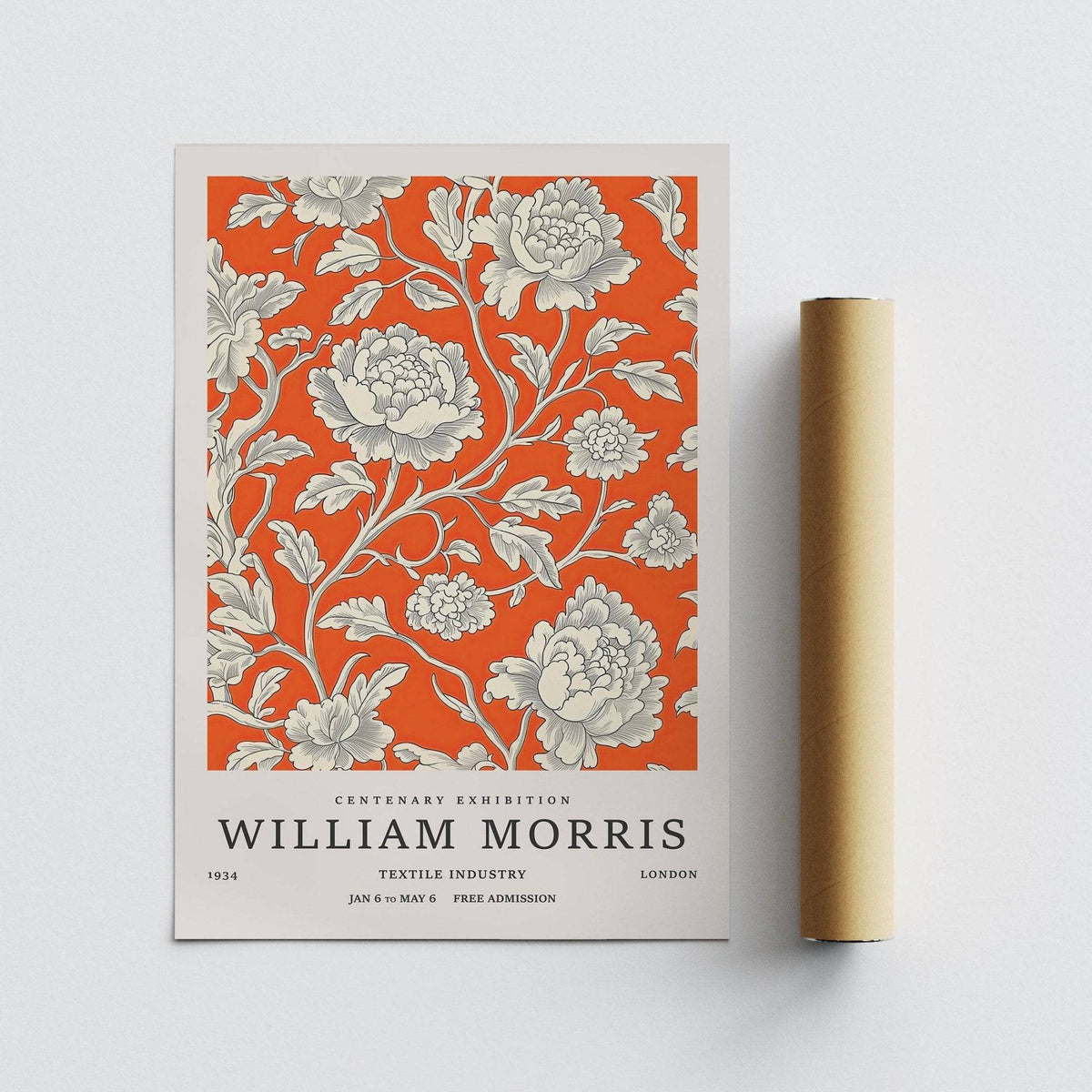 Vintage Flower Art print of grey peony flowers on a bright orange background beside a brown shipping tube