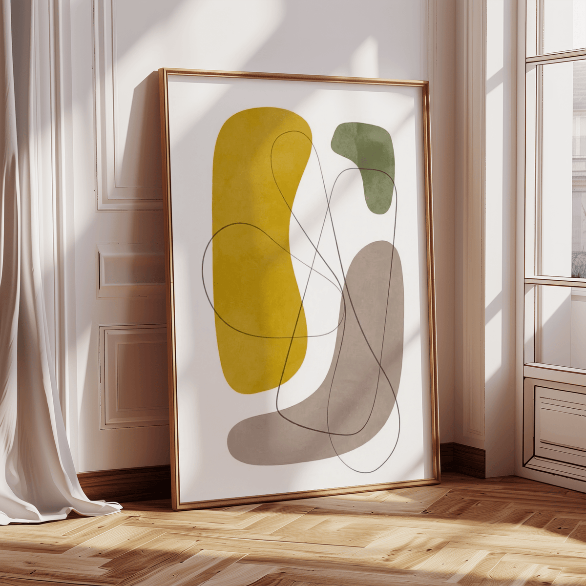 Modern Abstract Wall Art print leaning against a wall with sunlight and curtains visible