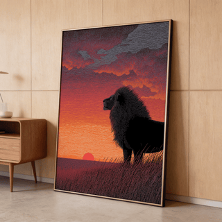 Print leaning on a floor of a black lion silhouette against an orange and purple sunset wall art with wood effect panel