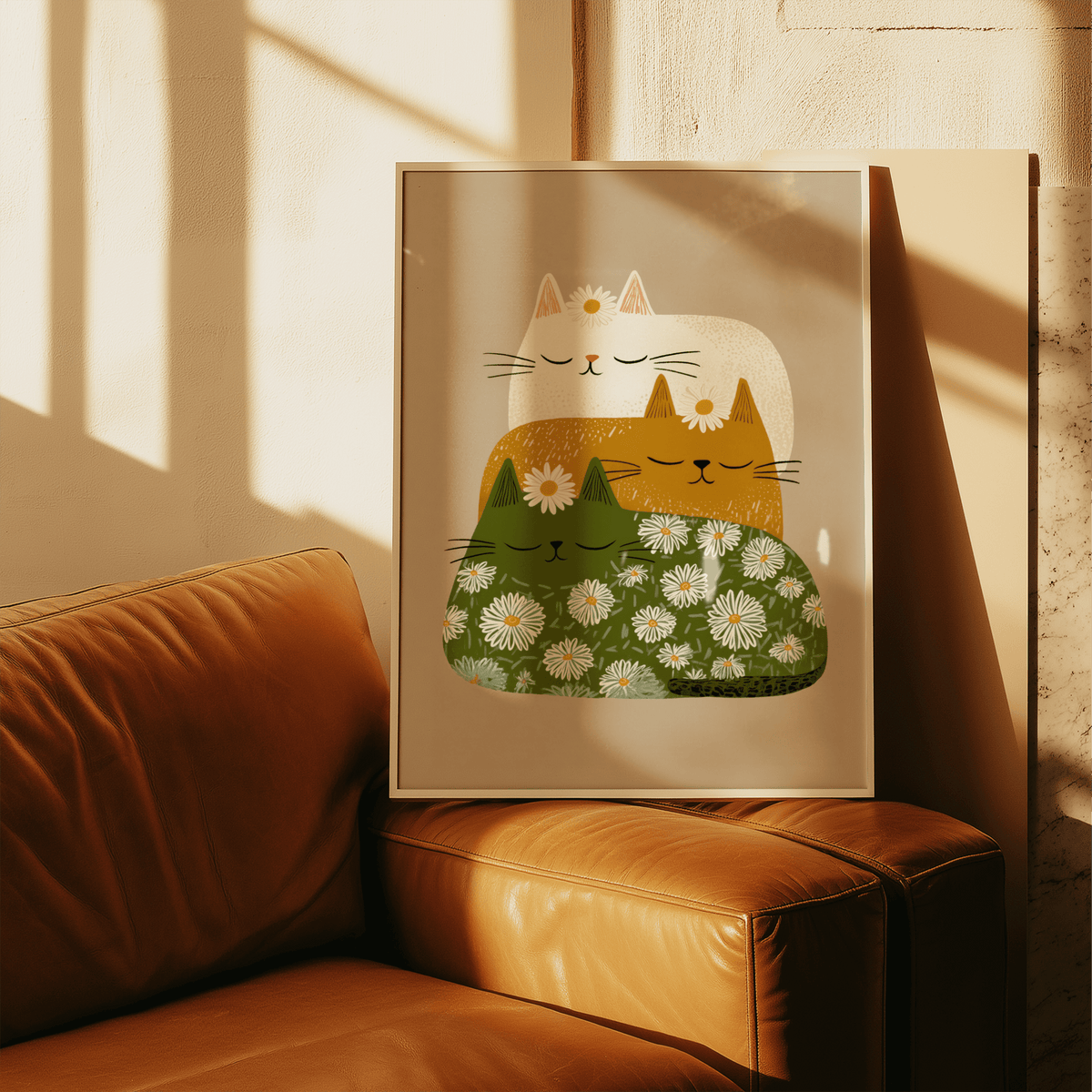 Sleeping Cats Art Print leaning on a brown leather sofa with natural sunlight
