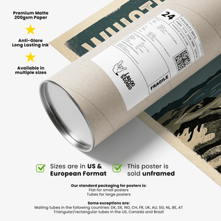 Packaging tube for Lakeside Links Golf Poster with a corner of the vintage coastal golf course print visible