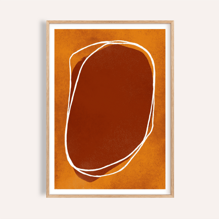 Framed Abstract Earth Tone Wall Art with a large brown organic shape and white lines on an orange background