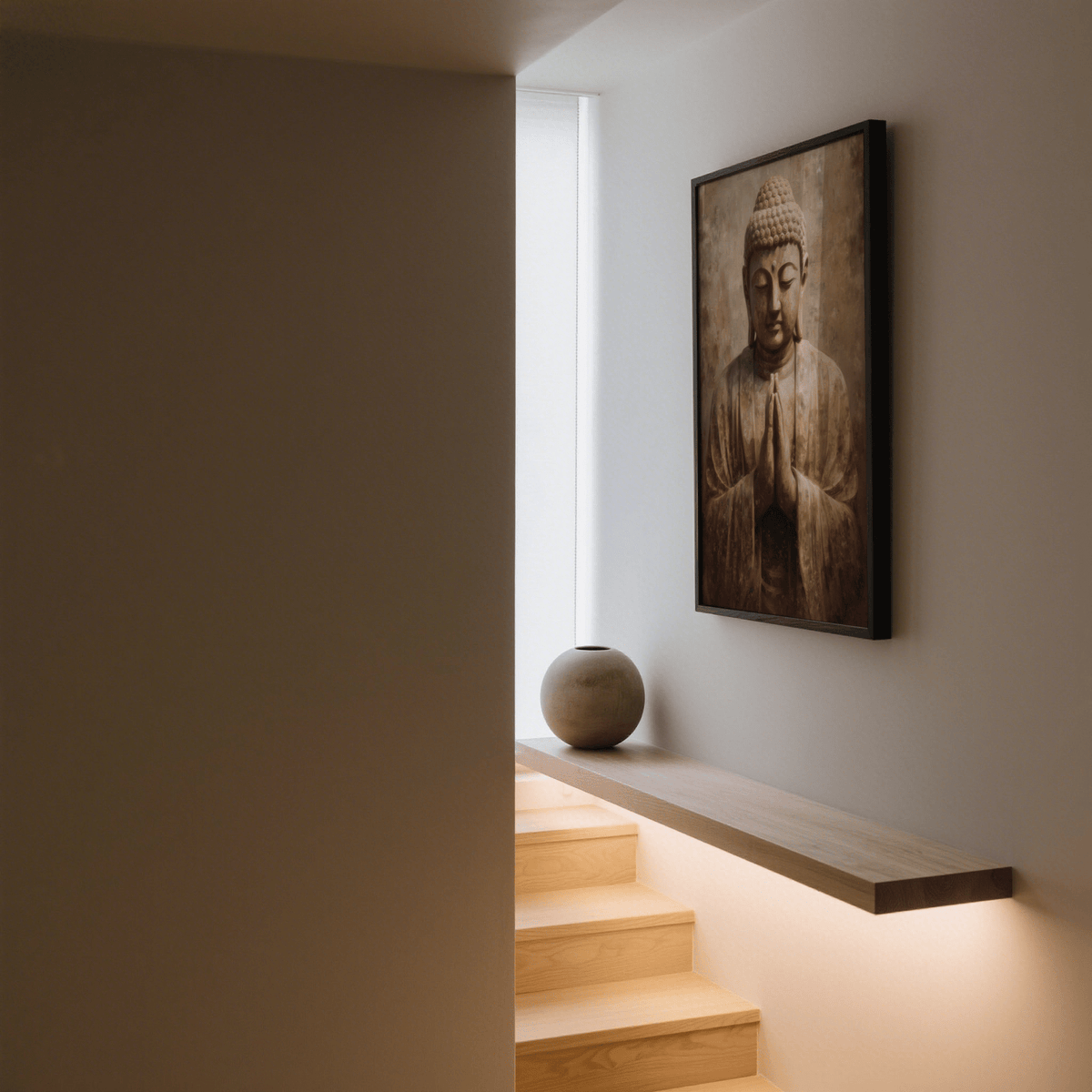 Meditative art print of a buddha statue with praying hands above a wooden shelf and vase in a stairway
