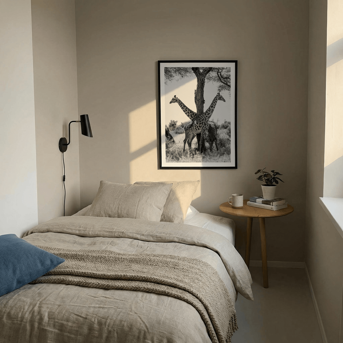 Giraffe Black And White Art Print hanging above a bed with beige linen in a bedroom with a side table