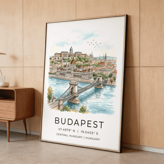 Framed Budapest Cityscape wall art leaning against a wooden wall with blue river and bridge