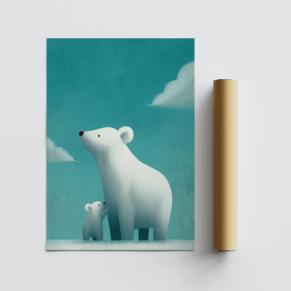 Polar Bear Print showing minimalist illustration of polar bear with cub on blue background with clouds beside packaging tube