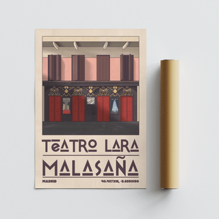 Rolled print of Teatro Lara wall art showing minimalist theatre facade with red doors beside packaging tube