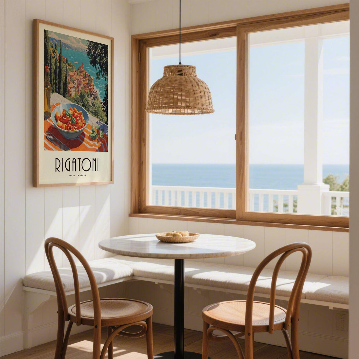 Pasta artwork print on a white wall in a bright breakfast nook with wooden chairs and a hanging wicker lamp