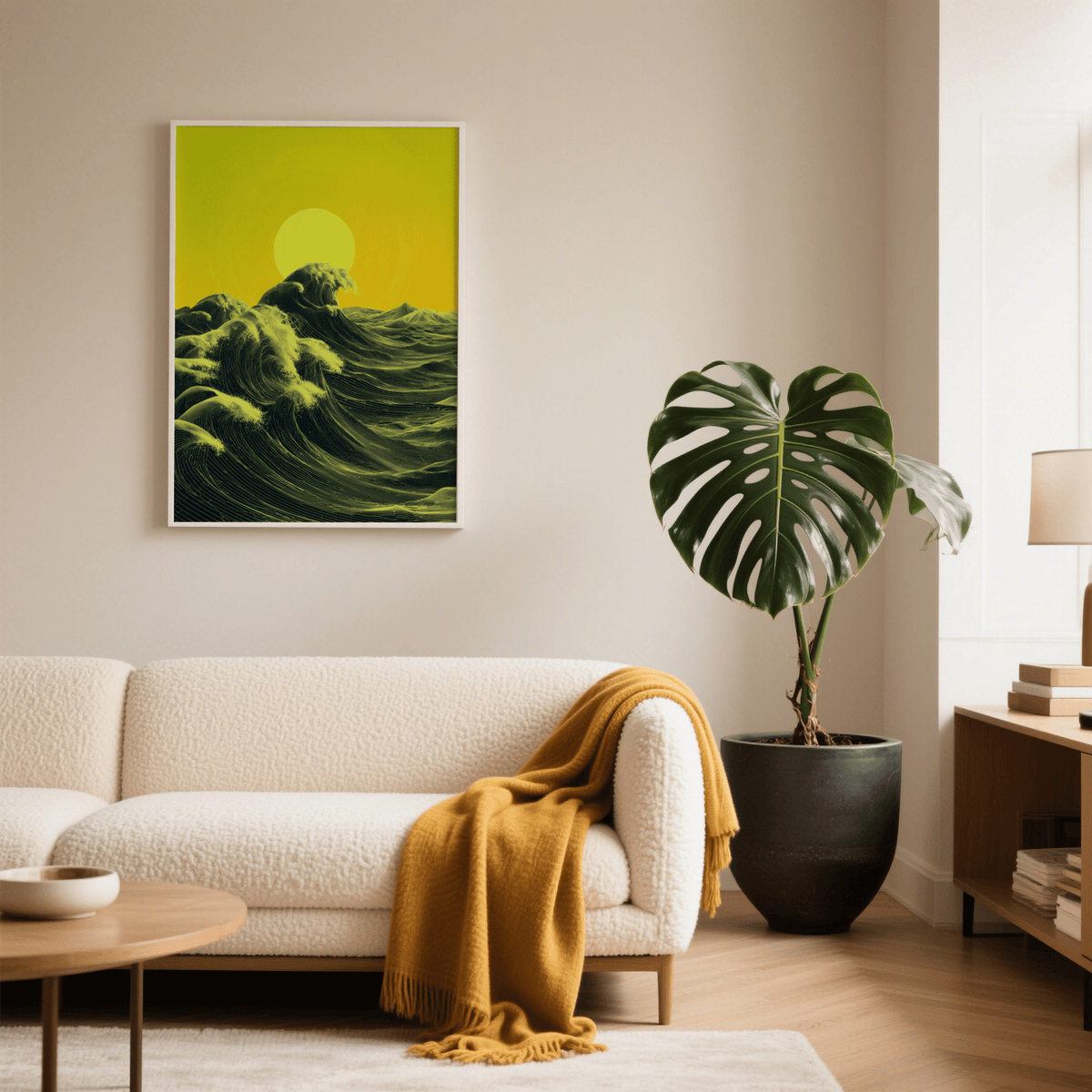Abstract Ocean Art Print framed print on a wall with green waves and yellow sun above a cream sofa with a yellow throw