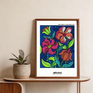 Nocturnal Floral Art Print framed close-up with vivid blue background and colourful flowers on wooden table with plant