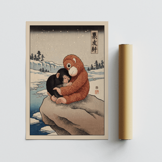 Punch Monkey Poster of a baby monkey embracing a stuffed monkey in Japanese woodblock style with soft colours