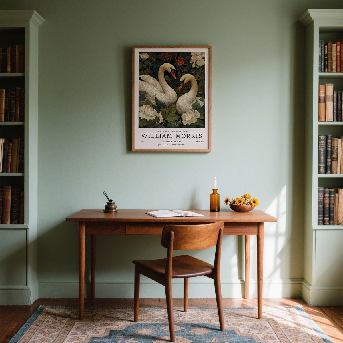 Swan wall art vintage botanical illustration in a study above a wooden desk with a chair