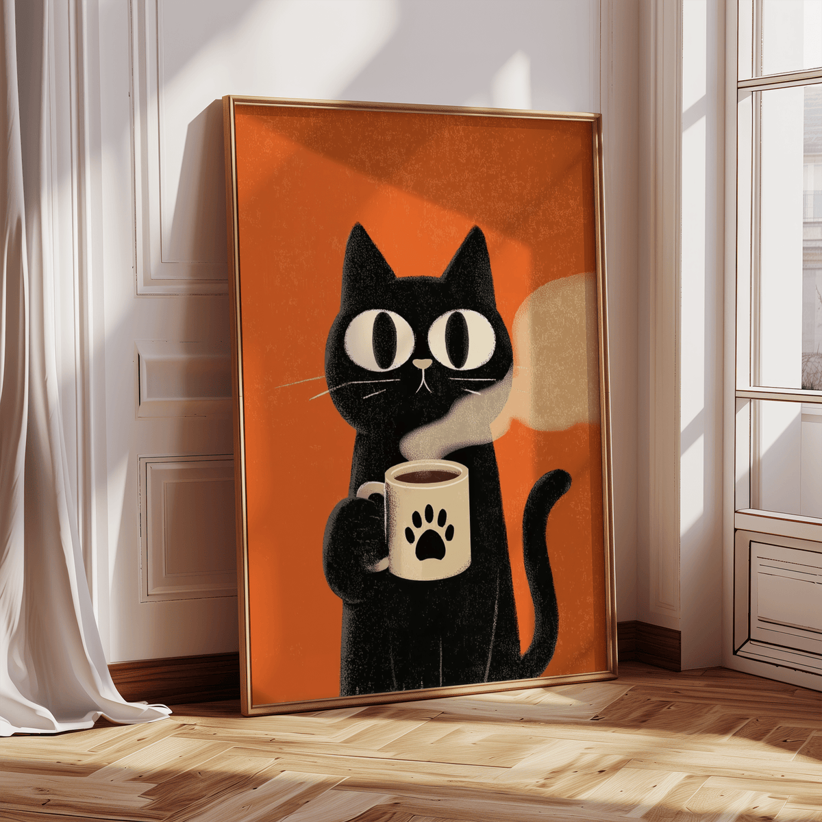 Cat Coffee Mug Print leaning on a wooden floor with sunlight from a window and white curtains nearby