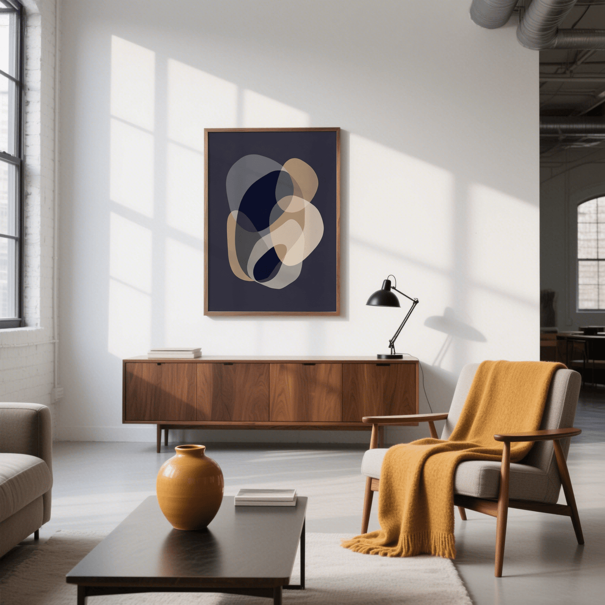 Prints Abstract Art framed print of abstract organic shapes in beige and grey in a modern living space