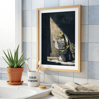 Funny Frog Art Print of a frog reading a newspaper on a toilet in a tiled bathroom with a potted plant