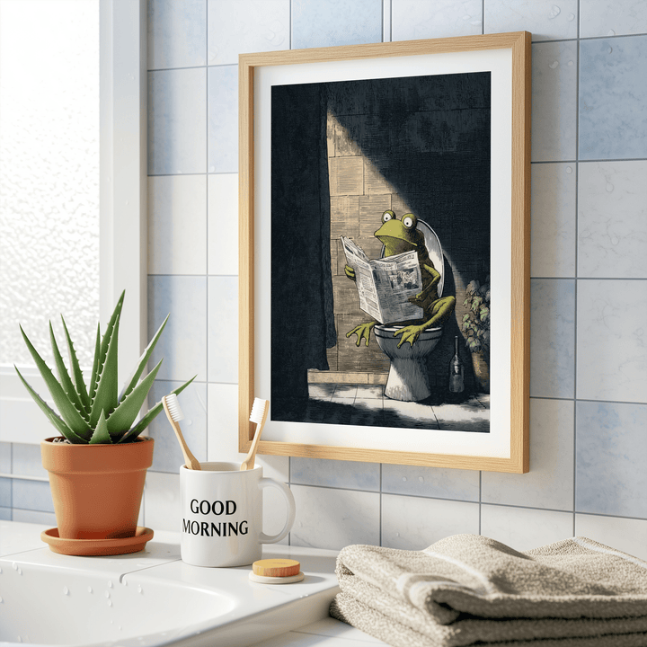 Funny Frog Art Print of a frog reading a newspaper on a toilet in a tiled bathroom with a potted plant
