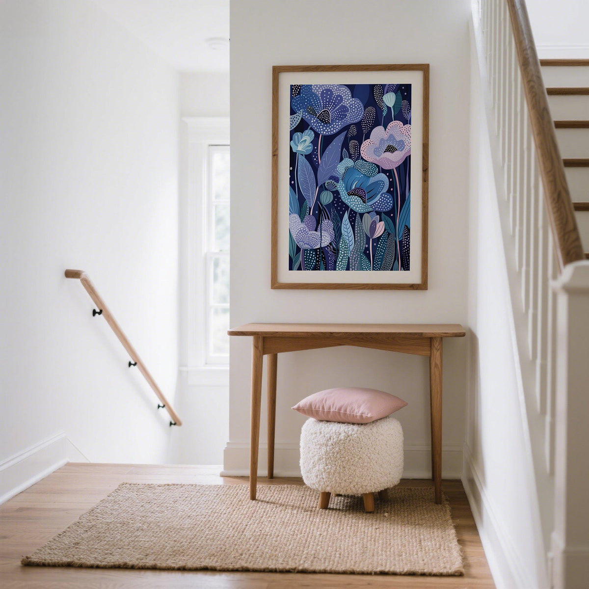 Print on a wall in a hallway with a wooden table and stool purple home decor abstract flower print