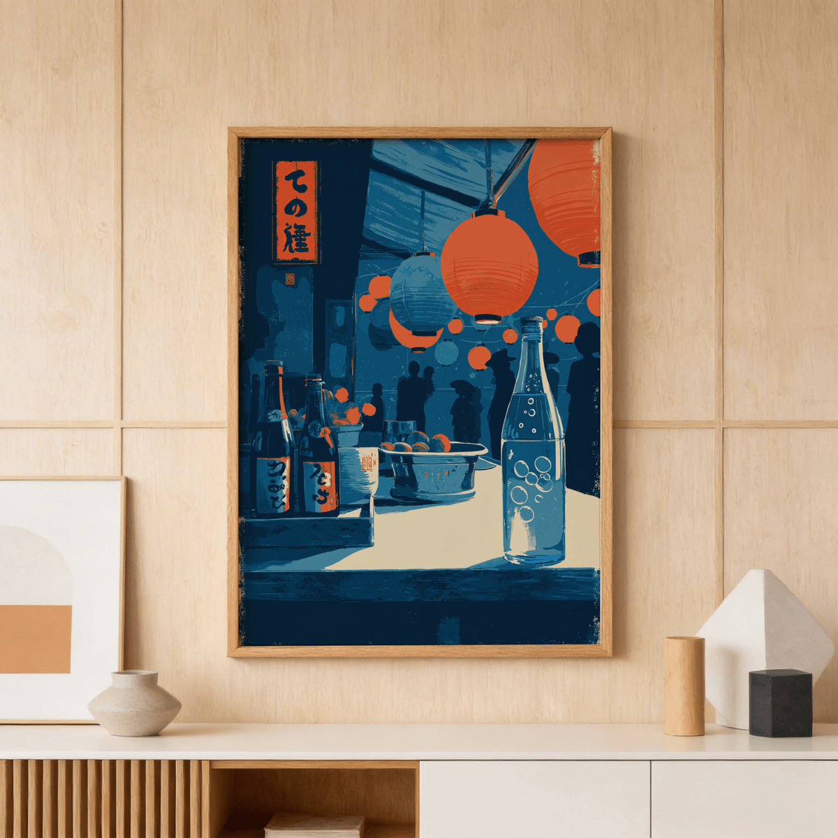 Japanese Market wall art of an orange and blue lantern-lit market stall above a cream sideboard with vases