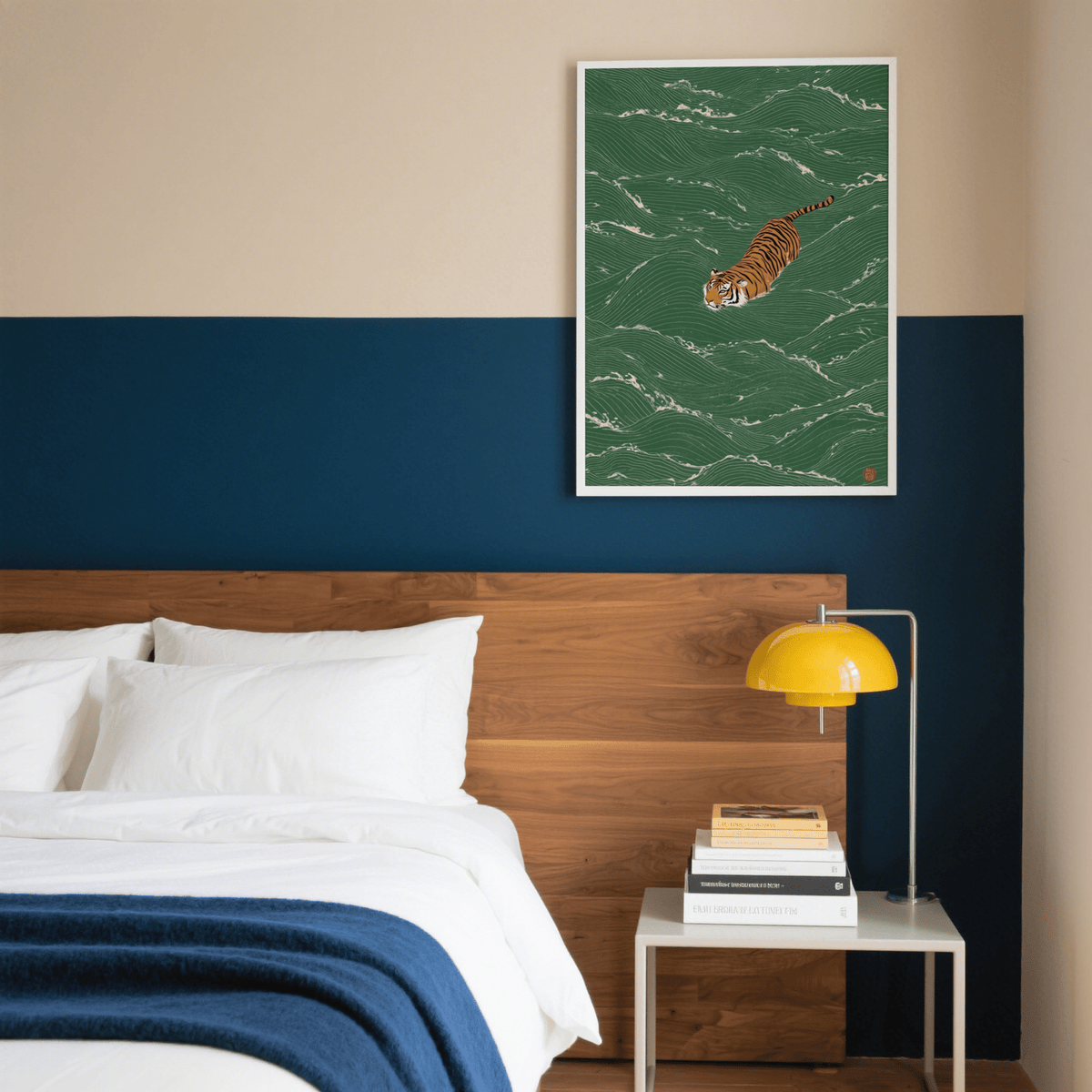 Wildlife wall decor with a swimming tiger in a minimalist green water background above a wooden bed