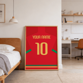 Print leaning on floor of a red football shirt with green trim and yellow number near a wooden bed