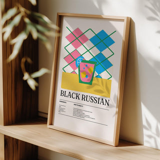 Framed Home Bar Wall Art of a Black Russian cocktail with yellow and pink shapes leaning on a wooden shelf