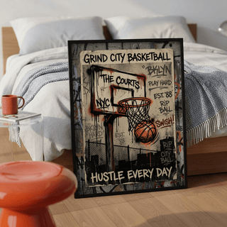 Basketball City wall art of a street-art style basketball hoop with orange ball leaning on bedroom floor next to an orange stool