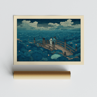 Hasui Kawase Japanese Woodblock of a couple on a bridge surrounded by blue lotus leaves with a packaging tube