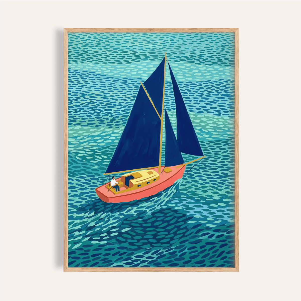 Framed print of a sailboat illustration with dark blue sails and a coral hull on textured blue water