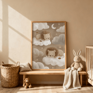 Lion nursery art print of sleeping lions on clouds leaning on a wooden bench with a soft toy bunny beside it