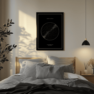 Custom Star Map framed print on a bedroom wall with black and white star map and a plant nearby