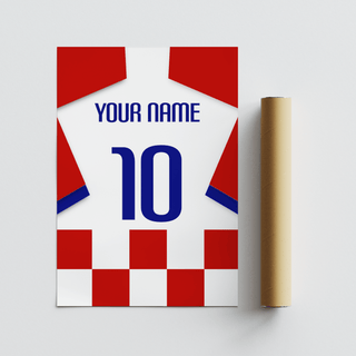 Rolled print with packaging tube showing a red and white checkered football shirt with blue text
