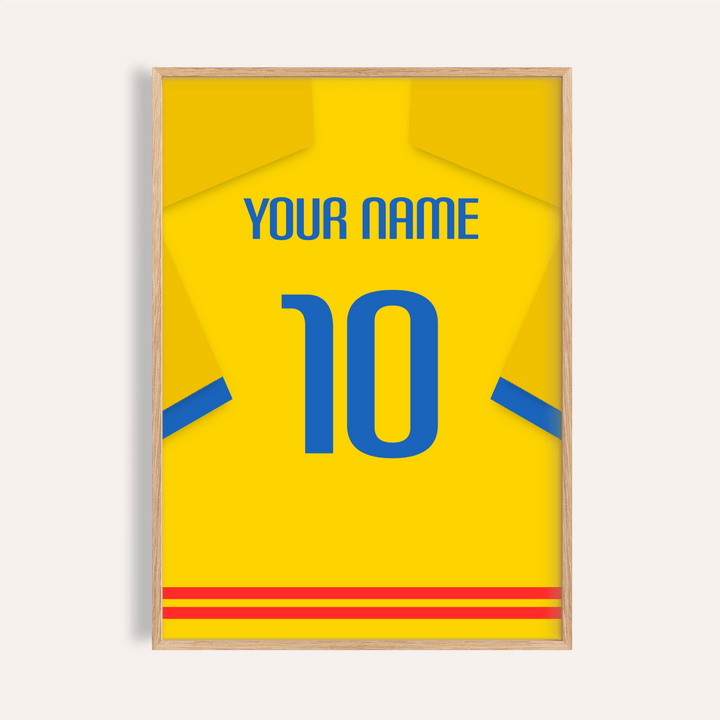 Framed print close-up of a yellow football shirt with a blue number 10 and red stripes