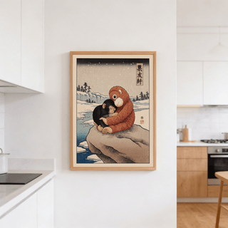 Punch Monkey Poster print on a kitchen wall showing a baby monkey and stuffed monkey in Japanese woodblock style