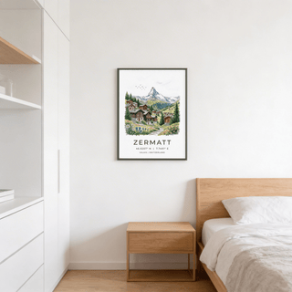 Zermatt Switzerland art print of a watercolour Matterhorn mountain with chalets in a bedroom above a wooden bedside table