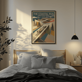 Grand Prix Race Poster print on a bedroom wall above a wooden bed with striped bedding and a hanging lamp