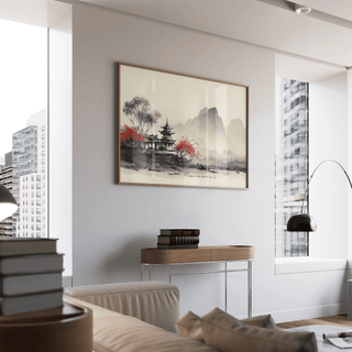 Chinese landscape art print with red foliage and misty mountains above a wooden console in a modern living room