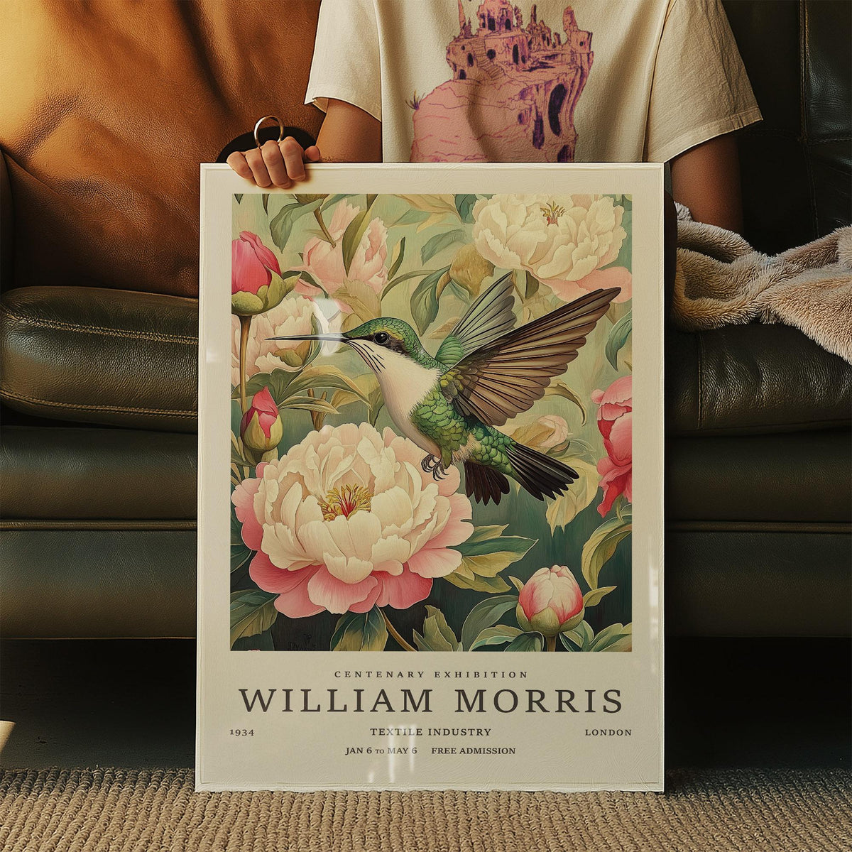 Framed Hummingbird Prints held in hands with green and pink floral illustration