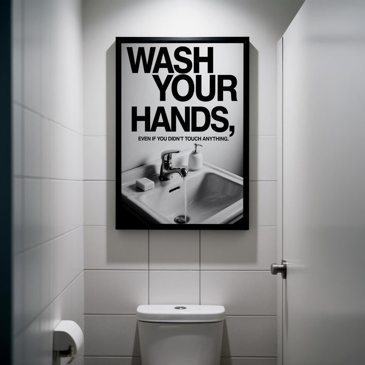 Toilet wall art funny above a toilet with running sink water and minimalist black and white style