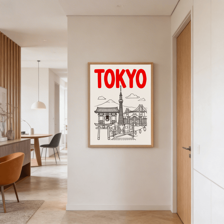 Tokyo City wall art with red text and black line-art landmarks hung in a neutral hallway