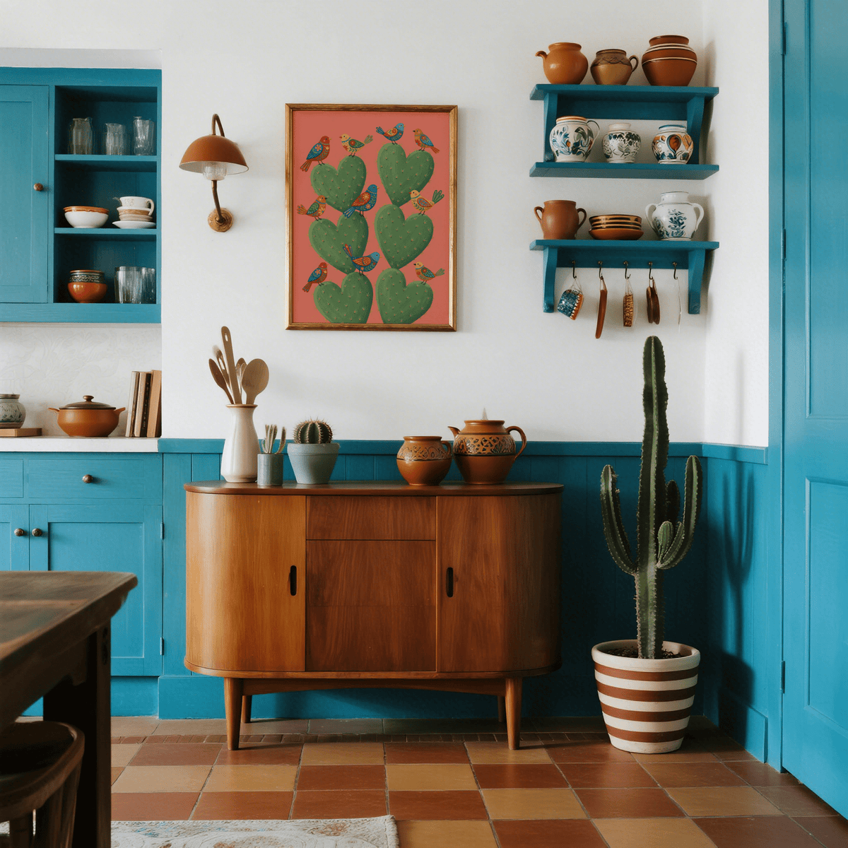 Cactus Heart Poster on a kitchen wall above a wooden sideboard with pottery and plants