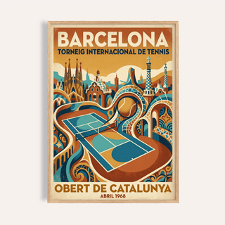 Framed Barcelona Tennis Poster showing a stylised tennis court and iconic architecture in retro colours