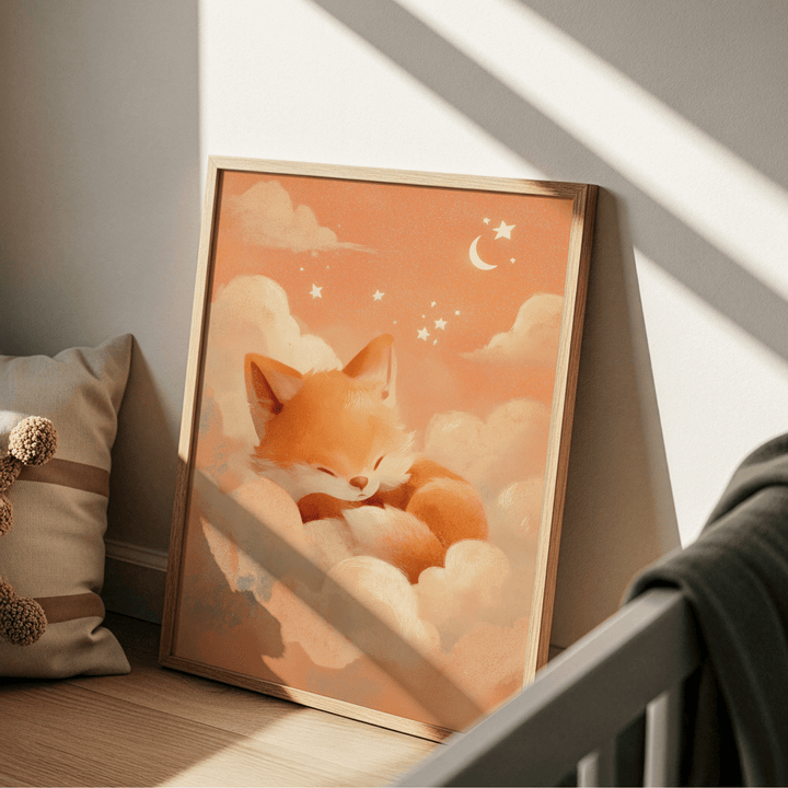 Sleeping Fox Art Print leaning on the floor with shadow patterns and a plush toy nearby