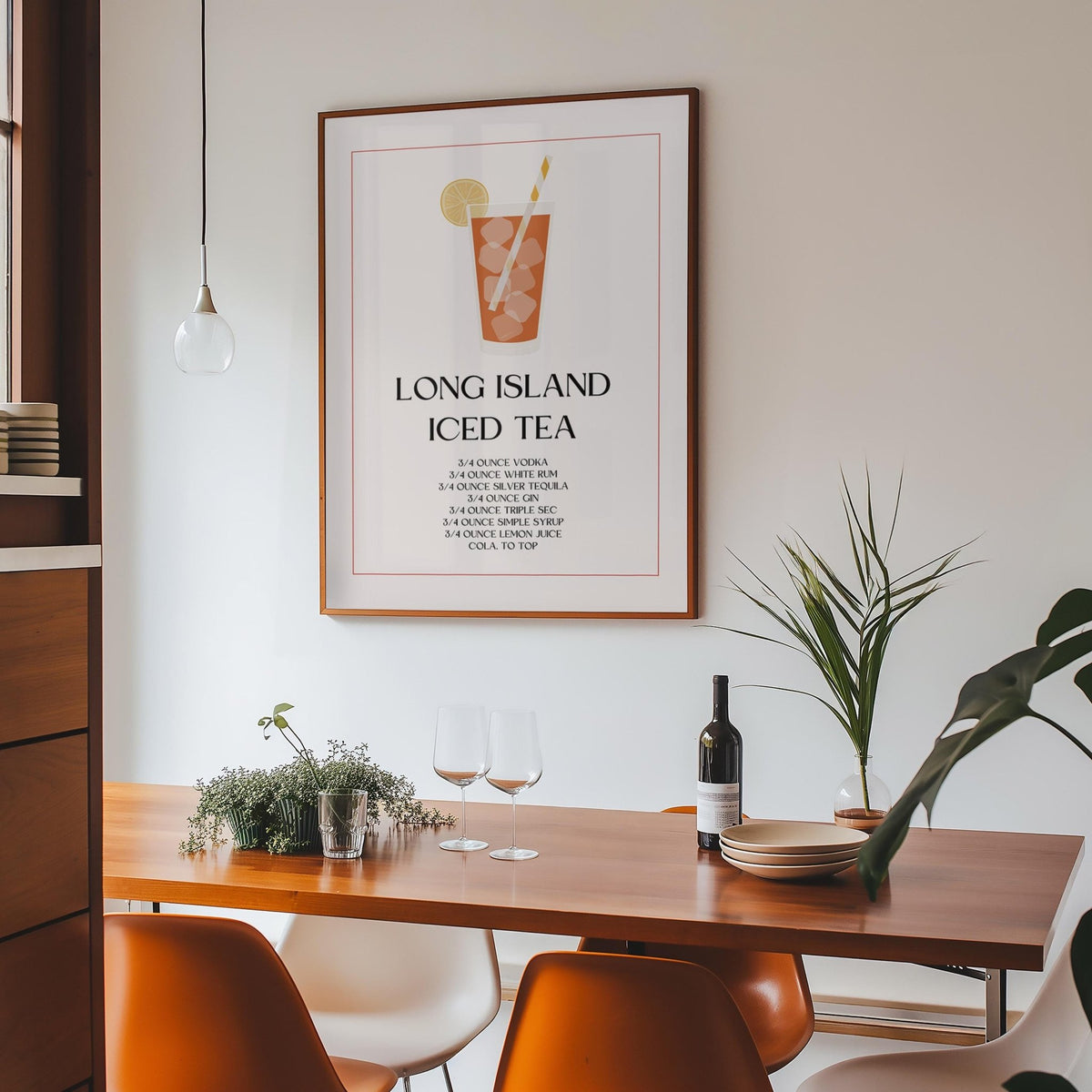 Bar Sign Decor print of a Long Island iced tea cocktail in a minimalist style above a dining table with wine glasses