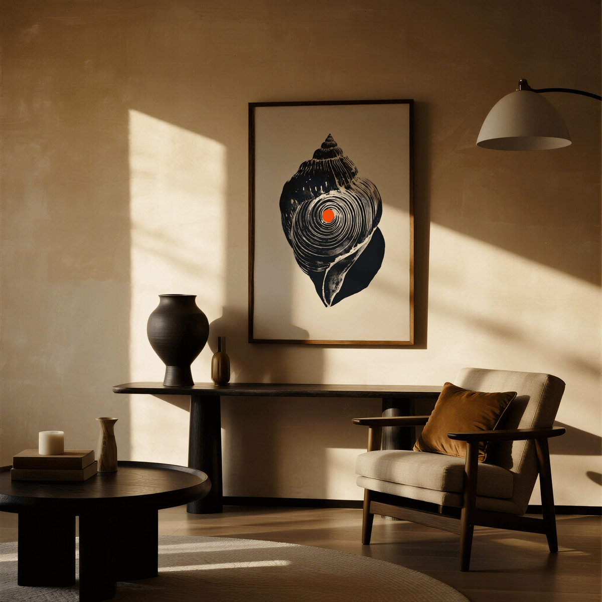 Shankha art print depicting a black sea shell with an orange dot above a console table with a black vase in a warmly lit living room