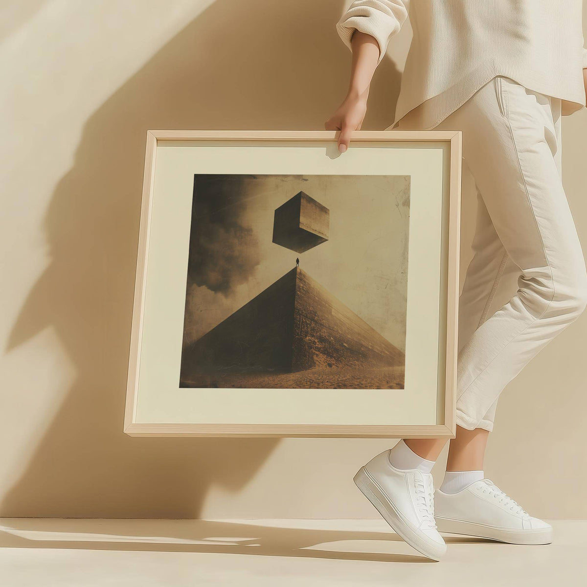 Framed Neutral Color Wall Art of a surreal pyramid with a floating cube held by a person in white clothes